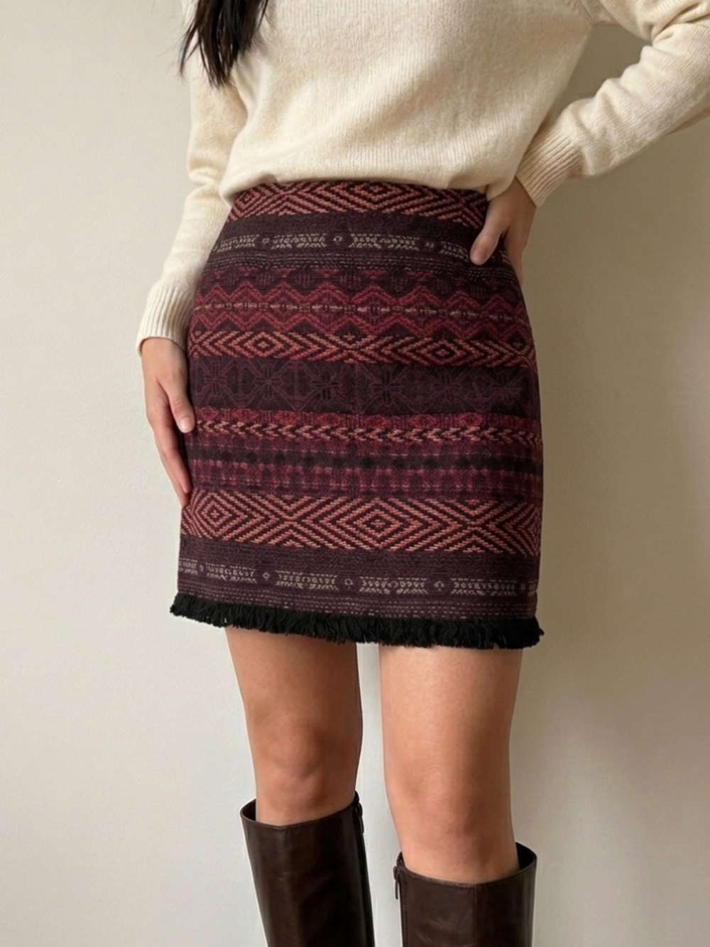 California Moonrise Tapestry Jacquard Print Fringe Detail Boho Skirt Small